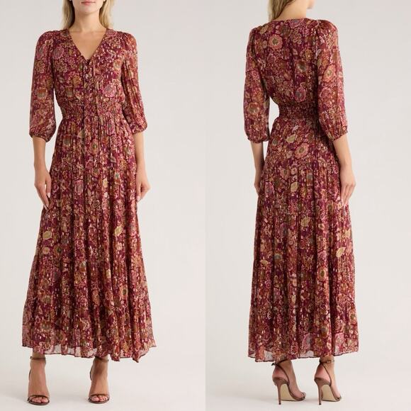 Halogen Lace-Up Front Tiered Maxi Dress Long Sleeve Gold Floral Romantic Sz XXL - Picture 1 of 10